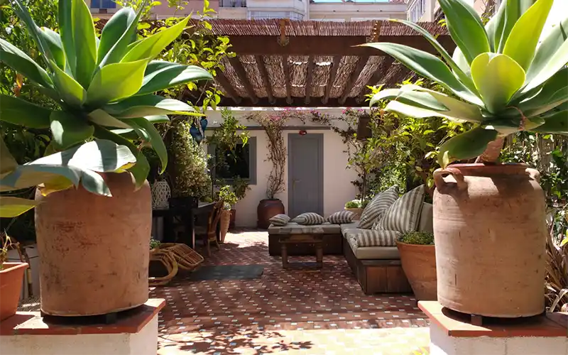 Terraza con pérgola, sofás y grandes macetas con agaves en Barcelona