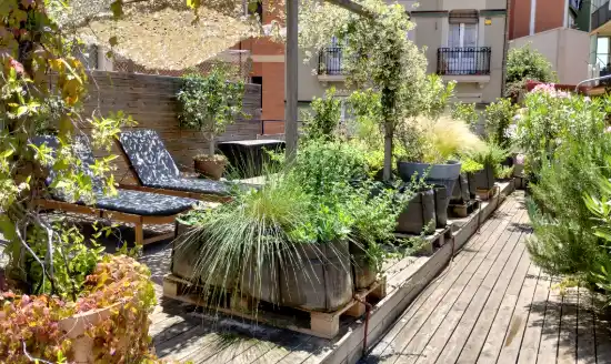 Terraza del Hotel Brummel terminada, con huerto en sacos y zona de tumbonas