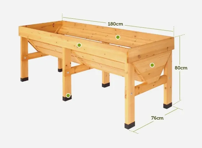 Medidas de la mesa de cultivo Vegtrug grande: 180 × 76 × 80 cm